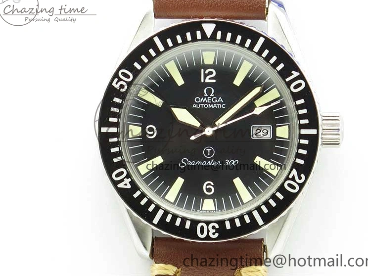 0115 Vintage Seamaster 300 Date T SS B12 Black Dial On Brown Leather Strap A2836 (Free Nylon Strap) WeatherProof 7911